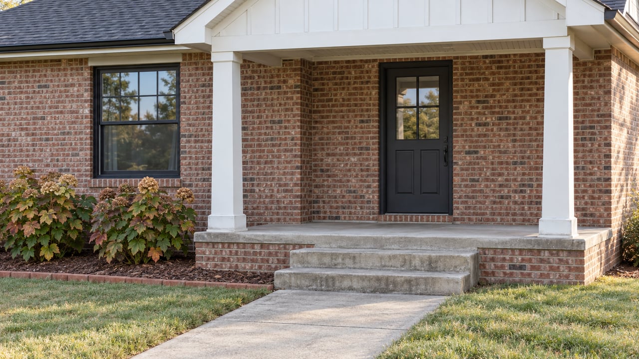 Brick home with a white gabled porch, paired columns, concrete steps and oakleaf hydrangeas beside a mown lawn.