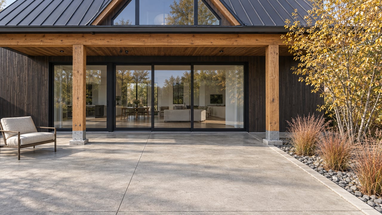 Dark wood-clad home with a steep glazed gable, timber-covered concrete terrace, and autumn planting beside the patio.