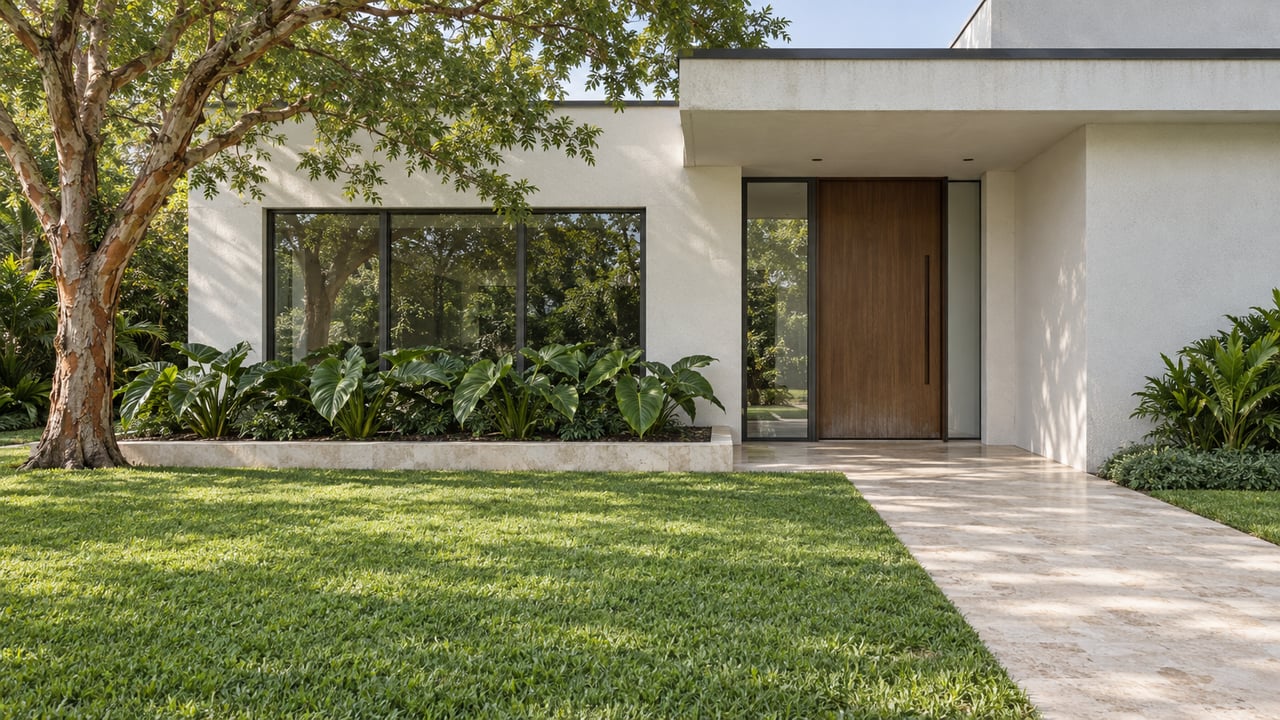 Tropical-modern white stucco home with recessed wood entry, dark-framed glazing, limestone approach and a mature copper-barked tree across a deep green lawn.