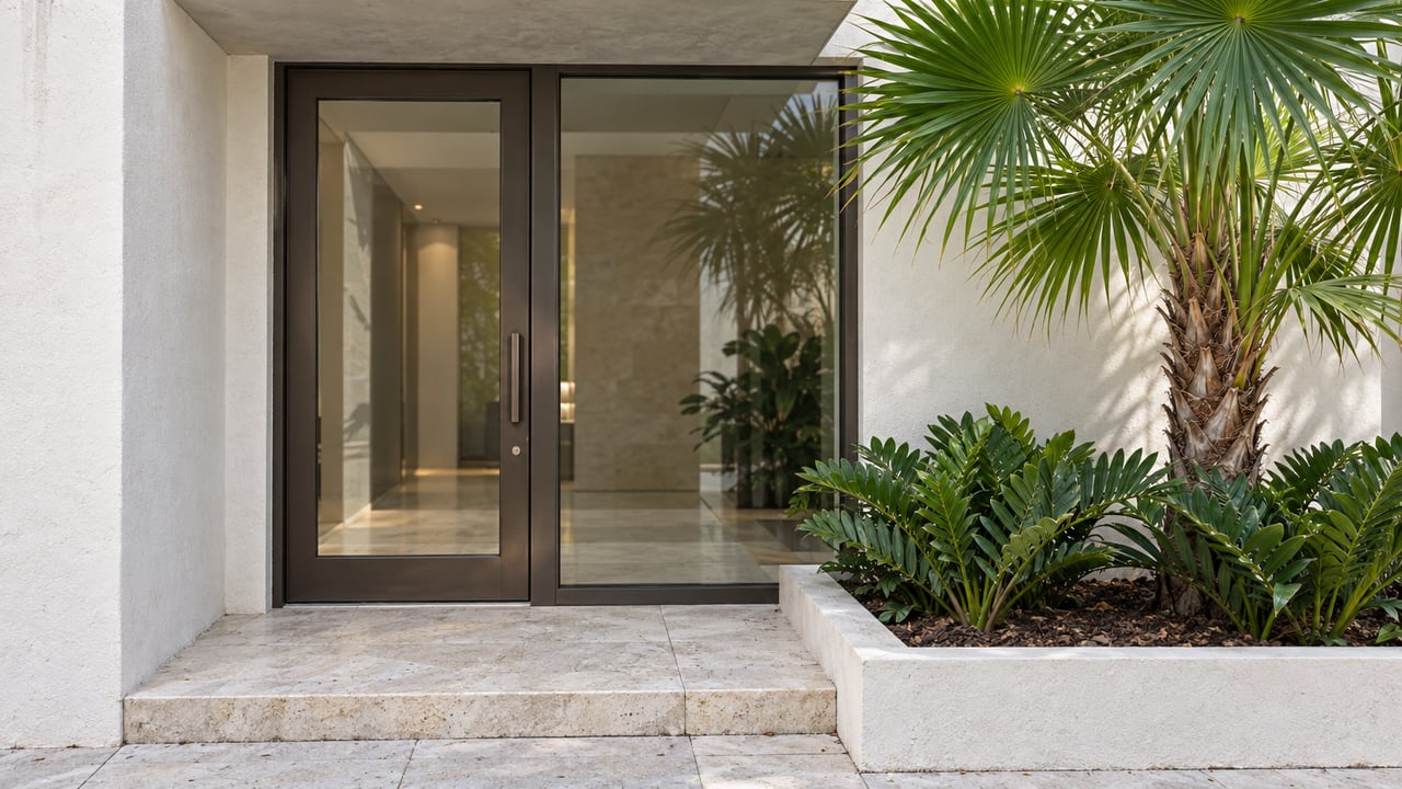 Ground-floor condominium entrance with bronze-framed glass door, limestone step, and fan palm in a raised bed.