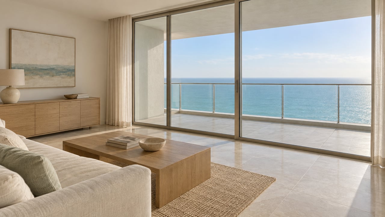 Condo living room with pale oak furnishings and sliding glass doors opening onto a balcony overlooking water.