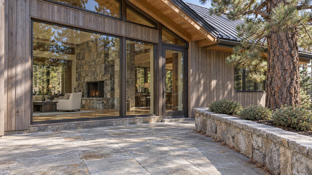 Cedar-clad chalet with bronze-framed glass, granite terrace and a mature Jeffrey pine in crisp autumn light.