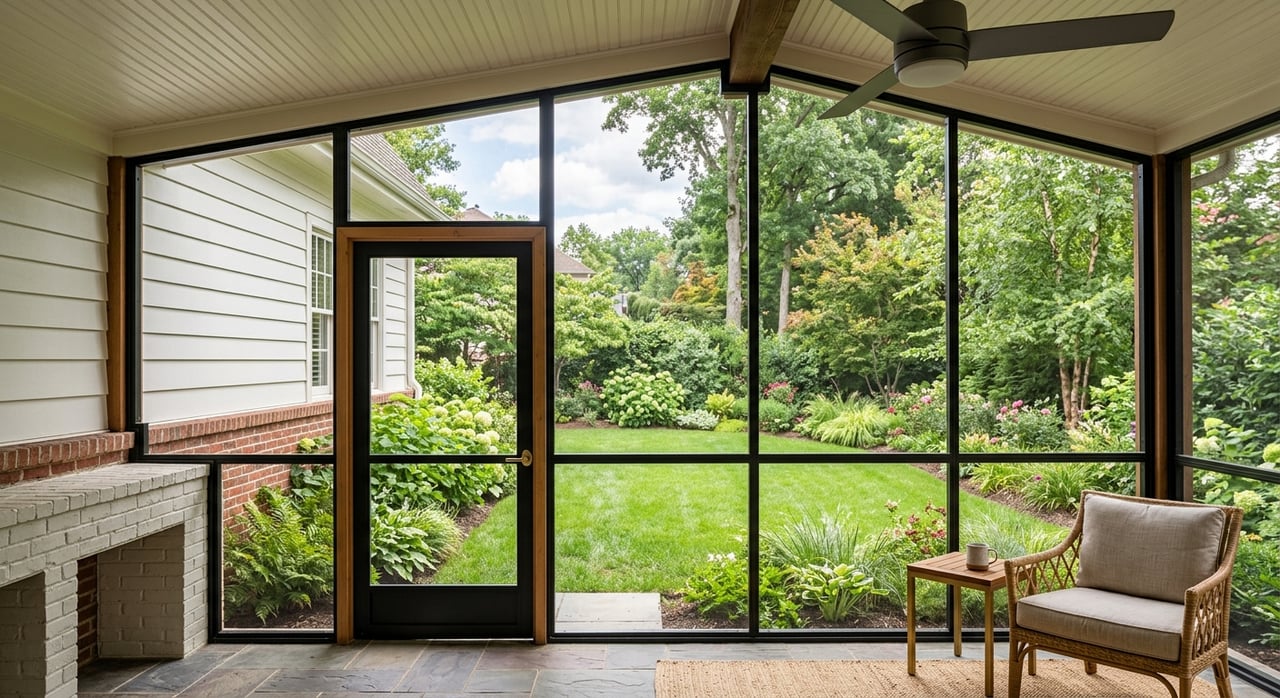 Black-framed screened porch opens onto a brick-edged terrace, green lawn, shrubs, and mature trees.