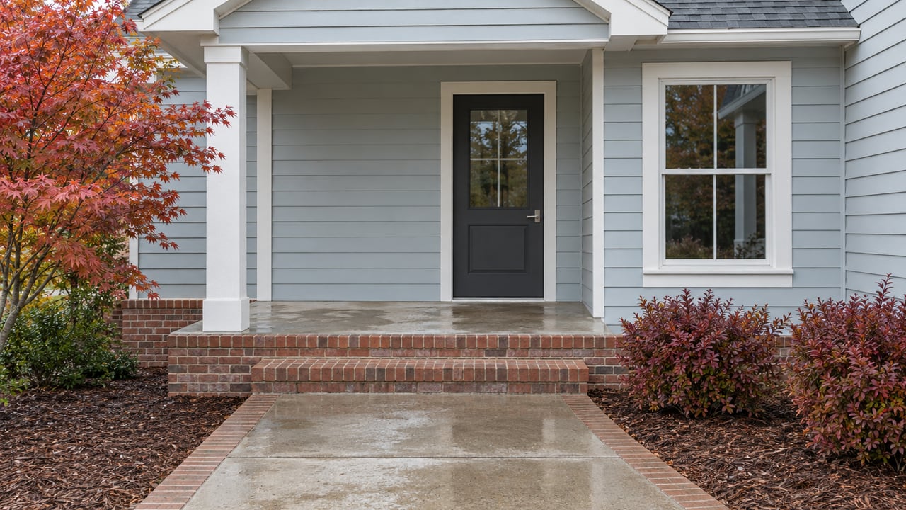 Covered entry with pale blue-gray lap siding, red brick steps, a charcoal door and autumn foliage beside a concrete walk.