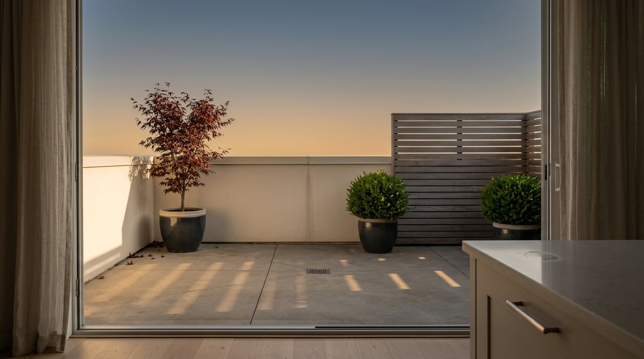High-rise terrace with a red-purple Japanese maple, boxwood planters, weathered slatted screen, and long shadows.