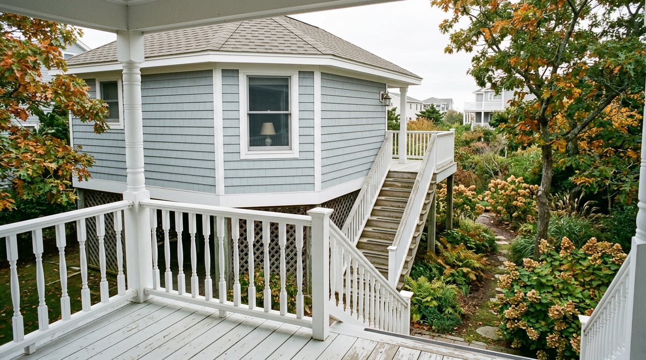 Raised coastal cottage corner with wooden stairs descending to a side-yard planting bed