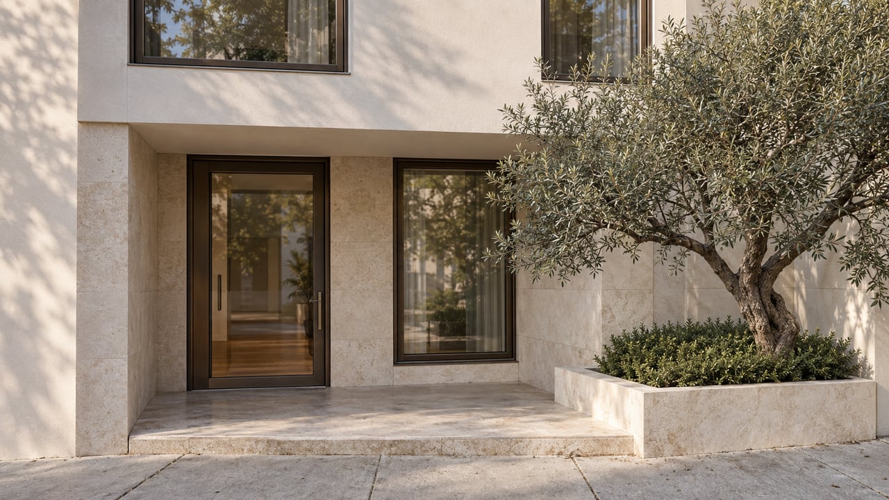 Pale stucco residence with recessed glass entry, limestone approach, and an olive tree in a raised planter.