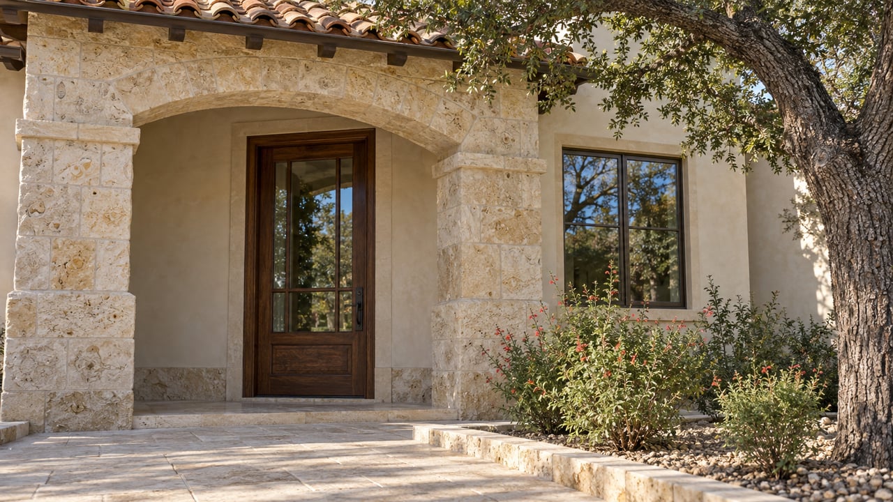 Sunlit limestone porch arch and oak-framed glass door beside a mature live oak and a small flowering sage bed.