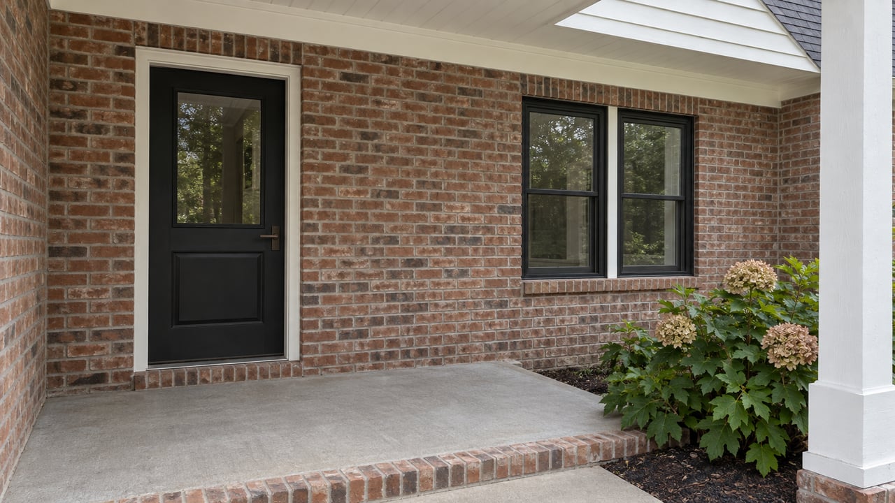 Covered brick home entry with a black door, paired windows, white porch trim and an oakleaf hydrangea beside the raised concrete porch.