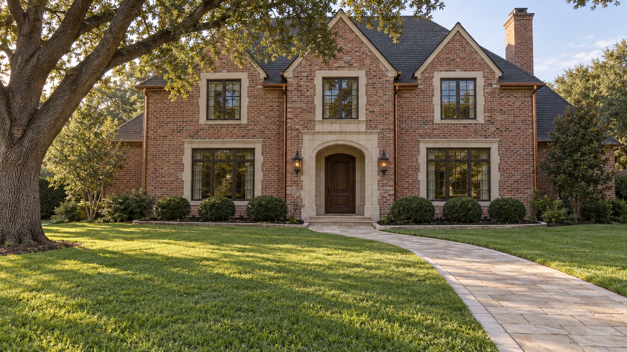 Substantial red-brick home with limestone trim, a broad green lawn, curved stone approach and mature oak canopy in afternoon light.