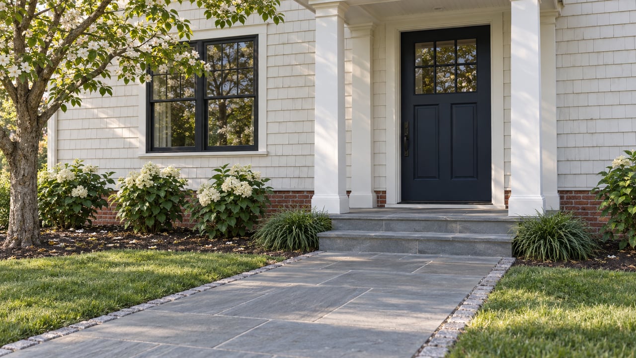 Traditional house entry with a navy door, bluestone walkway, and dogwood tree beside the lawn.