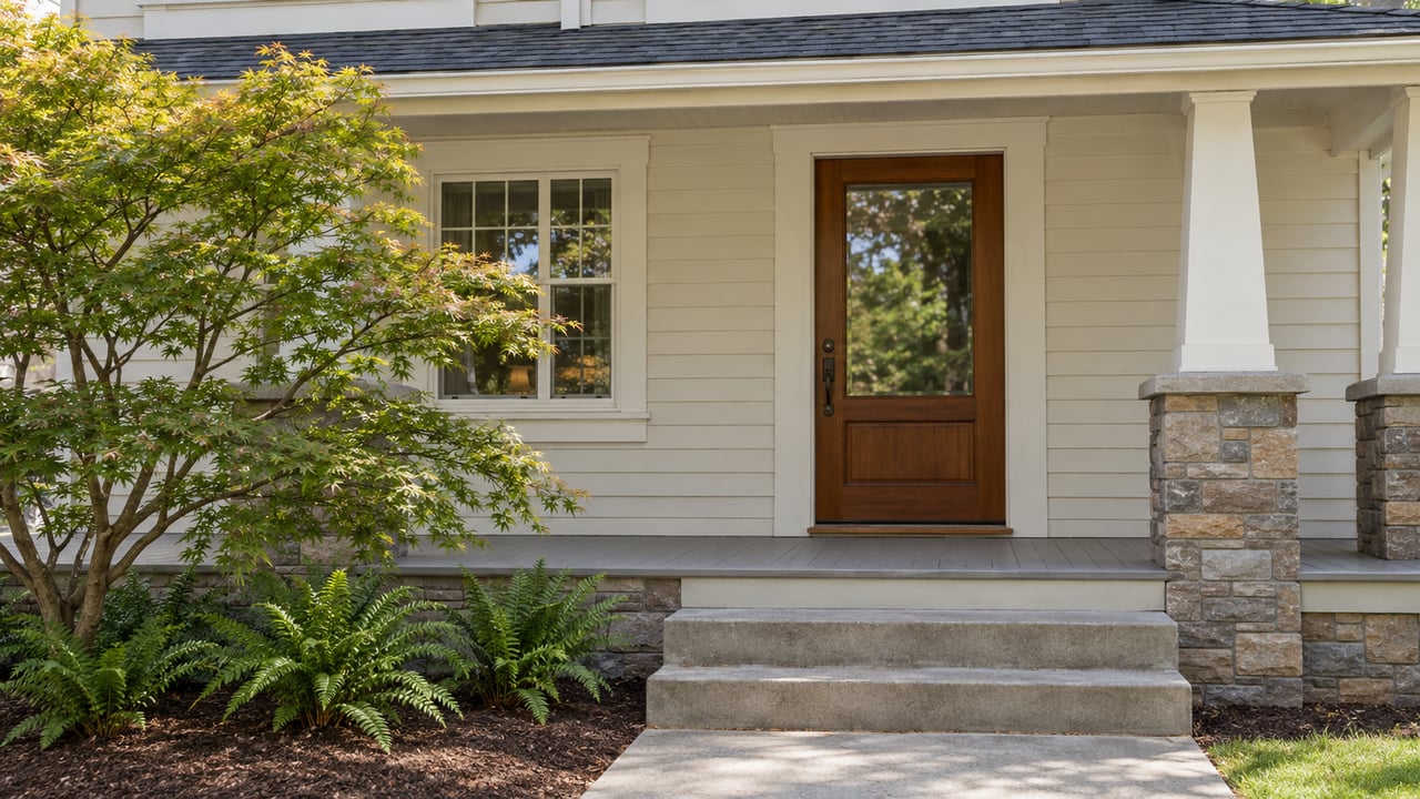 Ivory clapboard house entry with a glazed fir door, concrete steps, and a Japanese maple beside ferns.