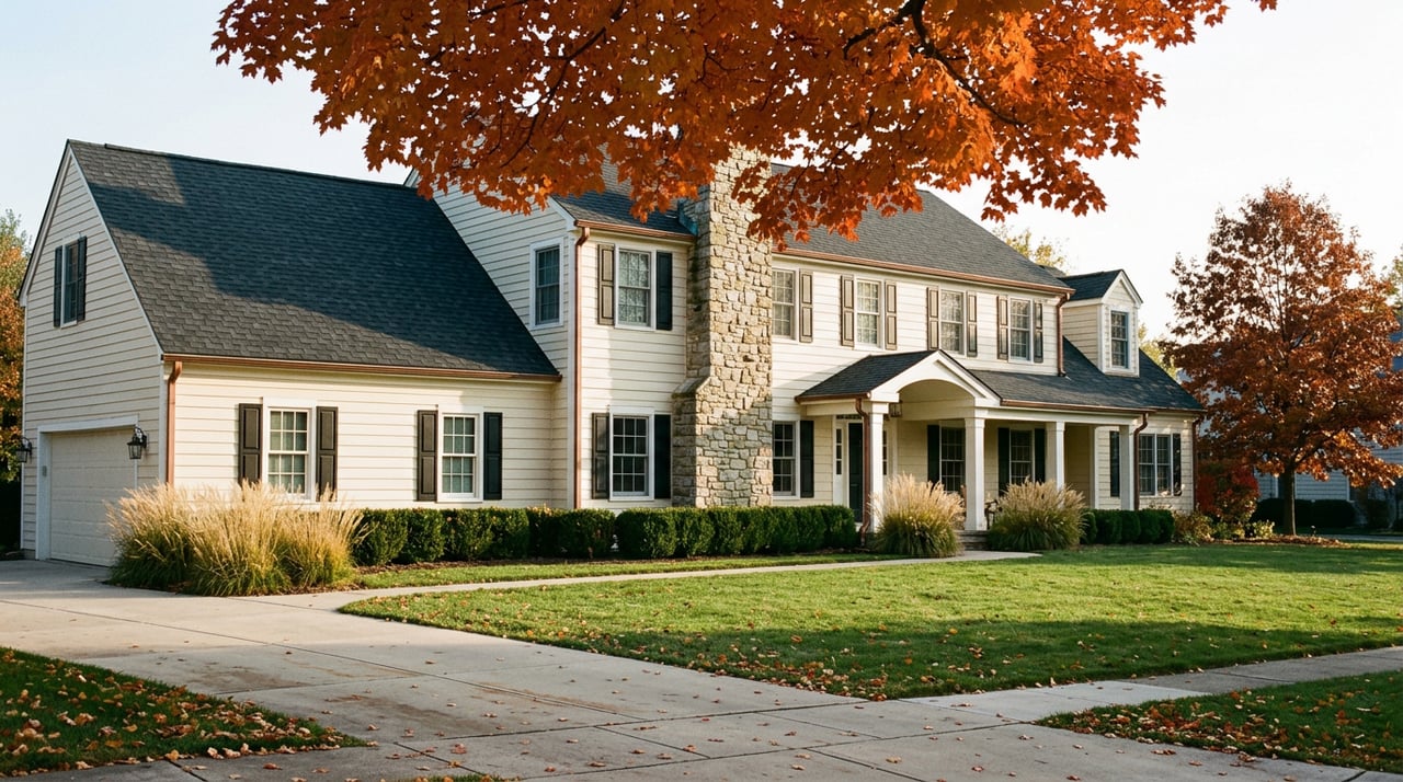 Two-story home with dormers, stone porch, orange-red maple, broad lawn, and curved driveway.