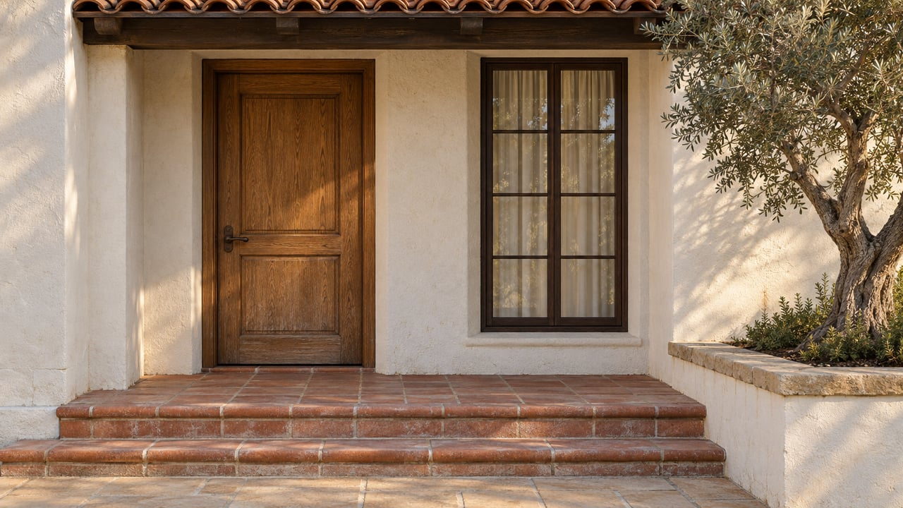 Warm sunlight crosses a white stucco home’s oak entry, terracotta steps and tall window beside a sculptural olive tree.