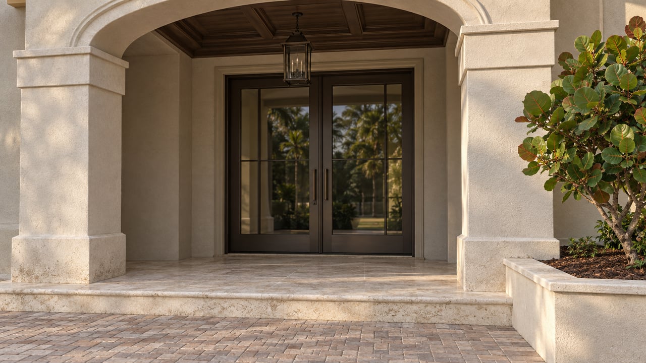 Close view of a warm-gray stucco entry portico with bronze-framed glass doors, limestone steps, brick paving and a sea-grape specimen in a raised masonry planter.