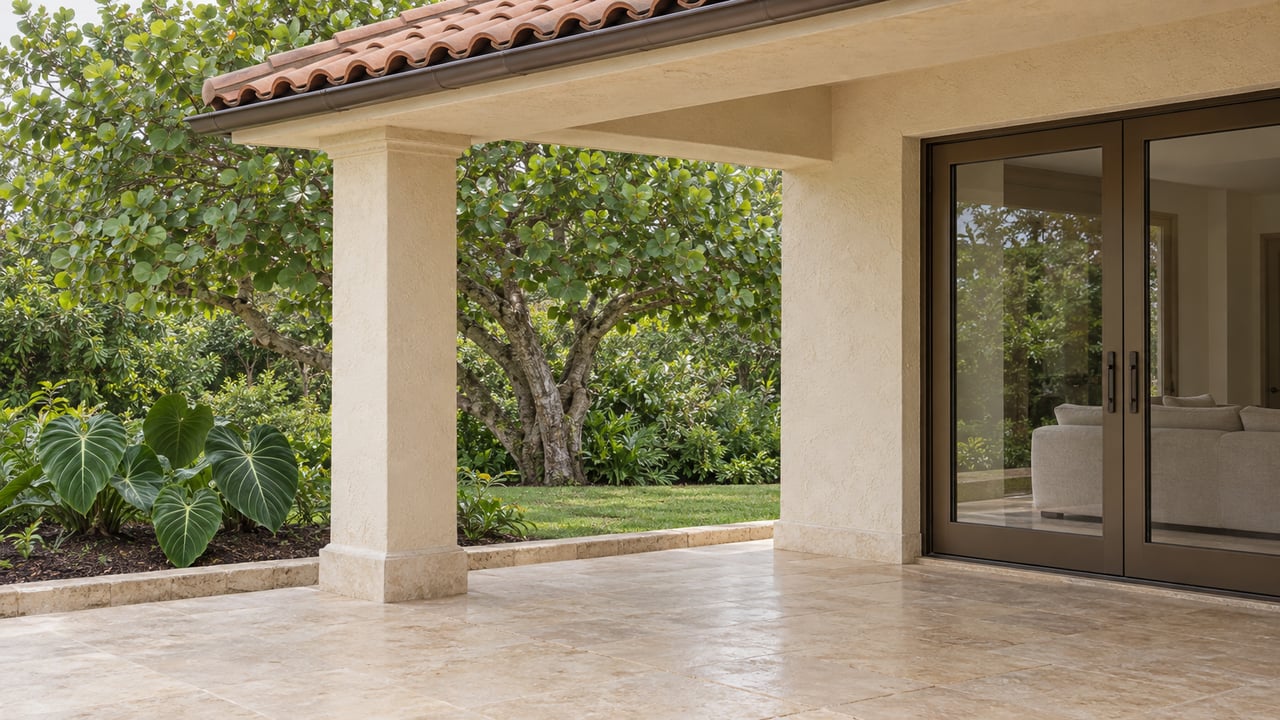Warm stucco veranda with terracotta roofing, bronze-framed glass doors and limestone paving overlooking a leafy garden.
