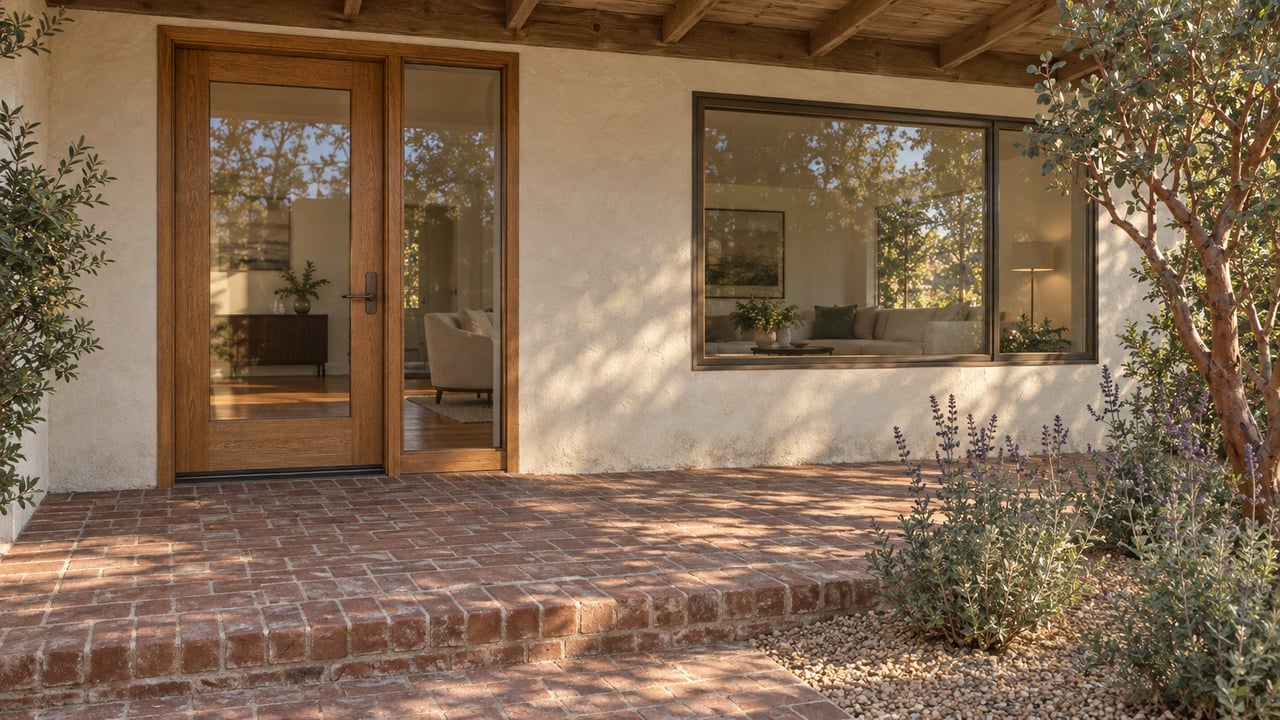 Warm light across a brick porch, glazed oak entry door, ivory stucco, and sculptural red-barked planting.
