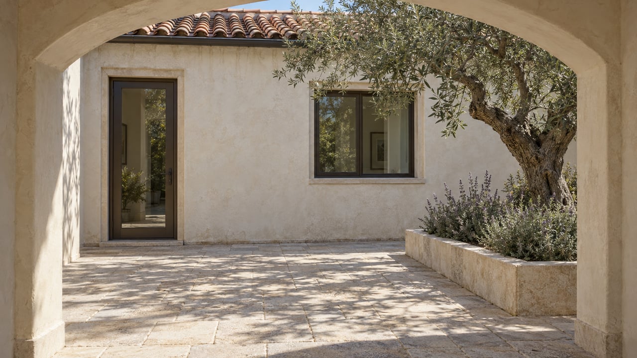 Morning light crosses limestone paving beneath a cream stucco arch, with an olive tree beside a glass-enclosed courtyard facade.