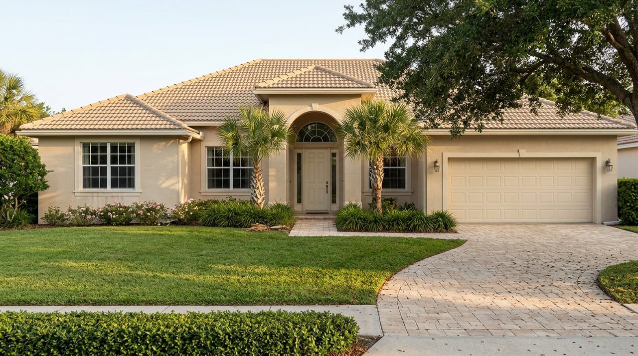 Stucco home with an arched entry, tan tile roof, curving paver driveway, broad lawn, and live oak.