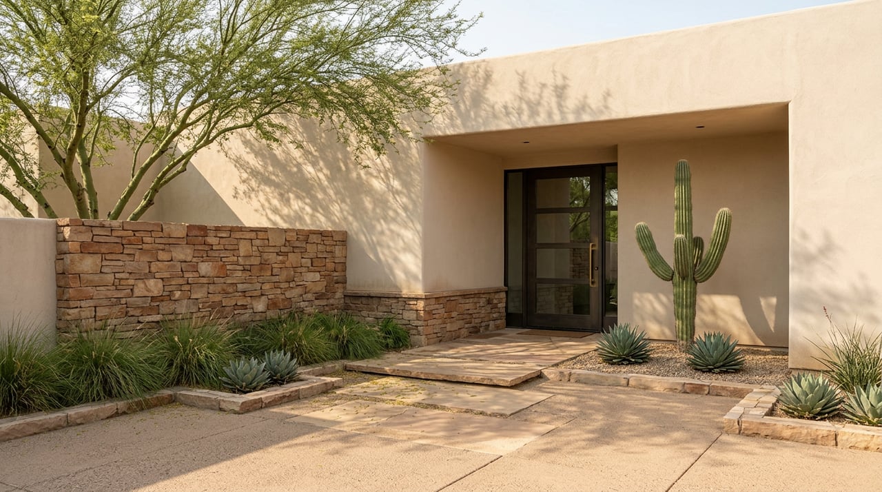 Desert home entry with a steel-and-glass door, cactus, flagstone path, and dappled tree shadows.