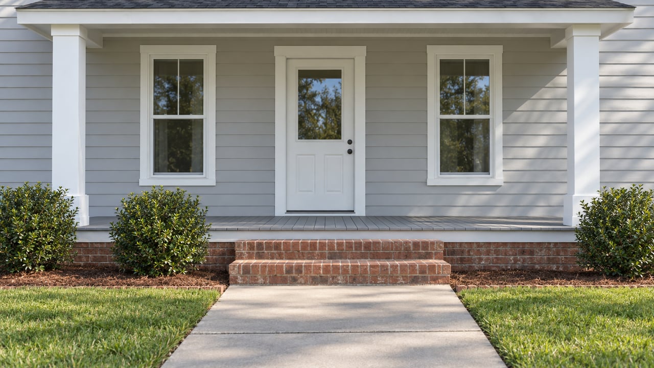 Gray home with a covered porch, brick steps, and a walkway leading to the white front door.