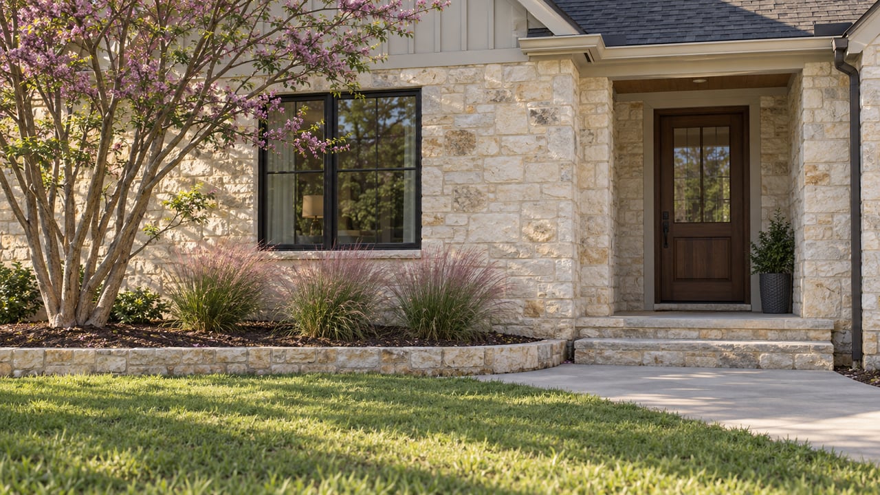 Detached limestone house with a recessed walnut door, black-framed window, lawn, and flowering grasses.