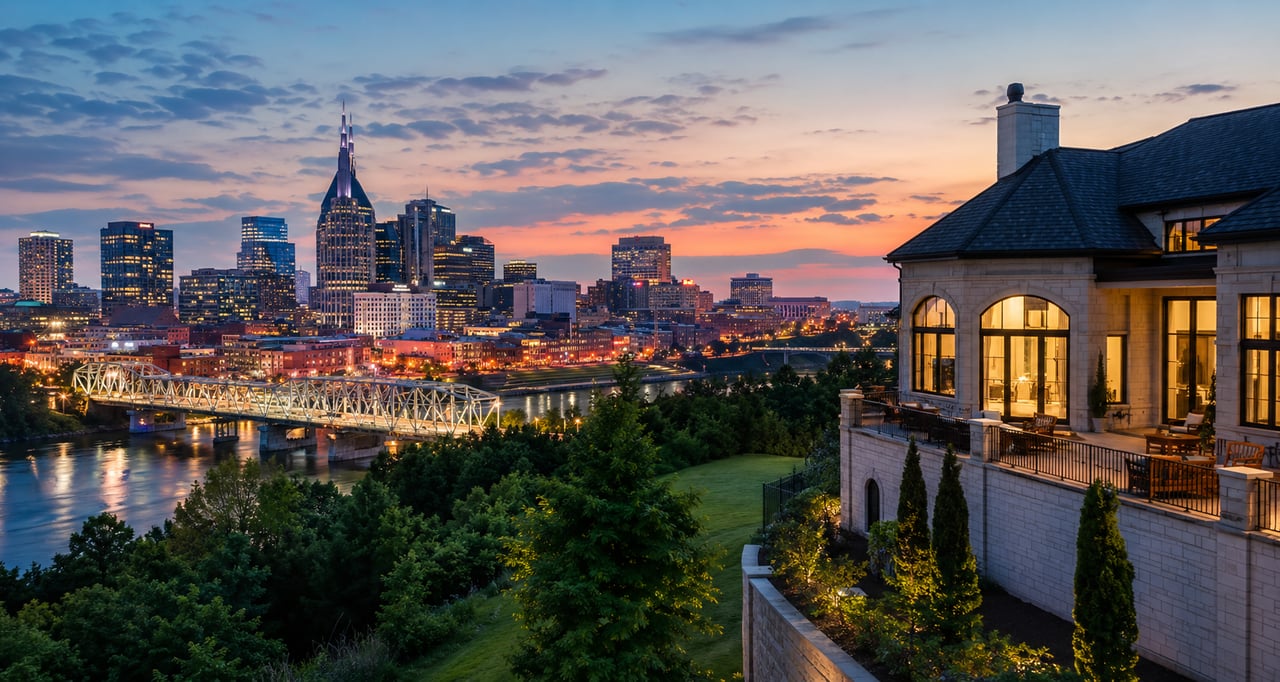 Luxury custom home overlooking the Nashville skyline at sunset, representing the future of Nashville and Franklin's luxury real estate market in 2027, with upscale architecture, city views, and a high-end residential lifestyle.