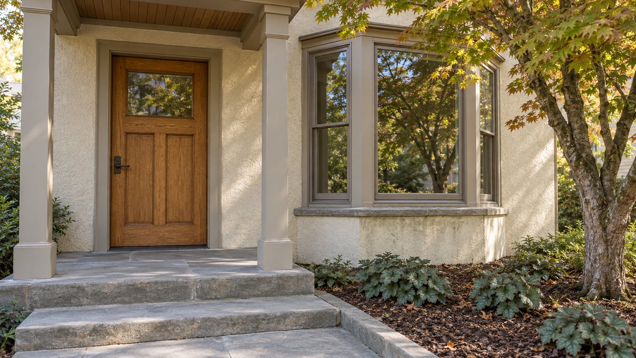 Warm stucco home entrance with an oak door, glazed bay window, sandstone steps and a mature Japanese maple.