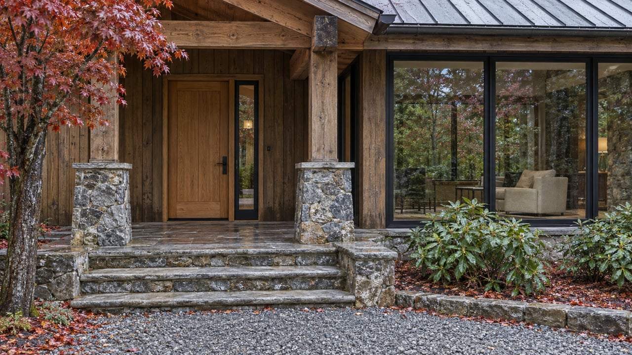 Timber-and-stone home entrance with broad stone steps, dark framed windows, and rain-darkened materials beside red maple and rhododendron.