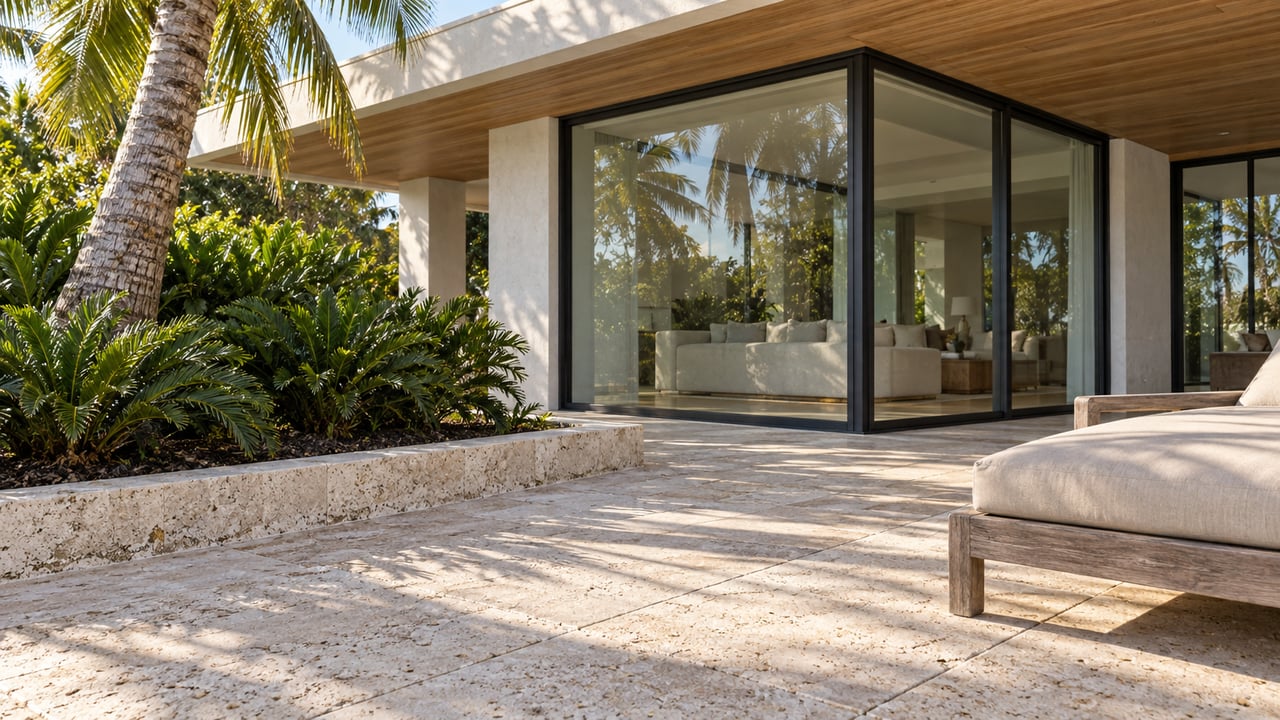 Pale limestone terrace beside a glass-walled home, with a teak soffit, a coconut palm, and low coontie planting in morning light.