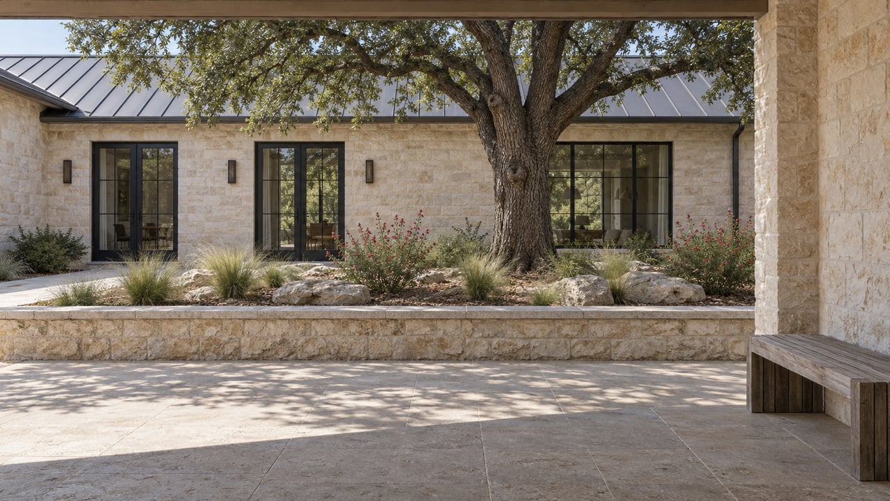 Covered limestone terrace overlooking a mature live oak in a raised stone planting court beside a limestone home with black-framed glass doors.