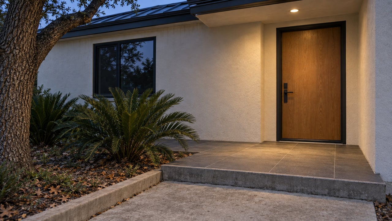 Covered home entrance at dusk with an oak door, pale stucco, dark porch tile and coontie planting beneath a live oak.