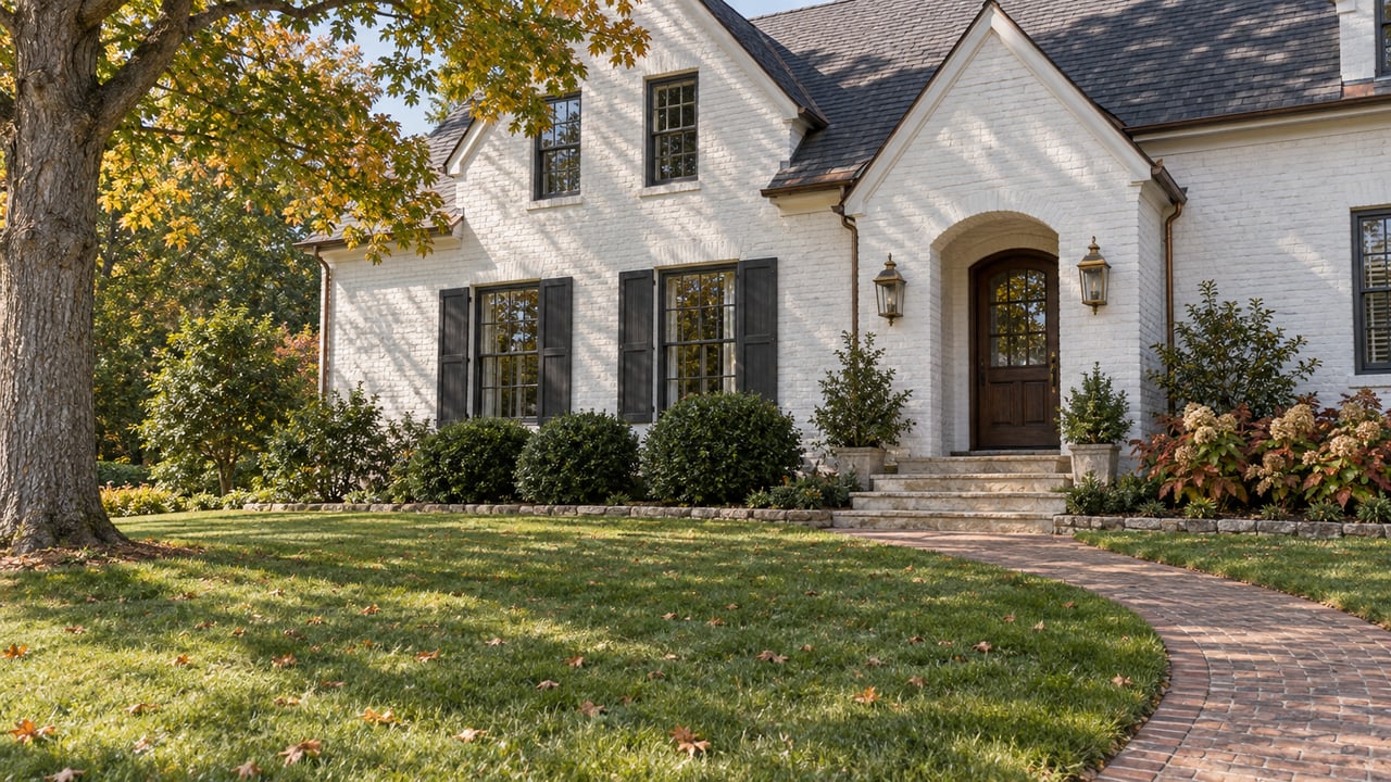 White-painted brick home with dark shutters, a recessed arched entry and a deep lawn beneath an amber-tipped maple.