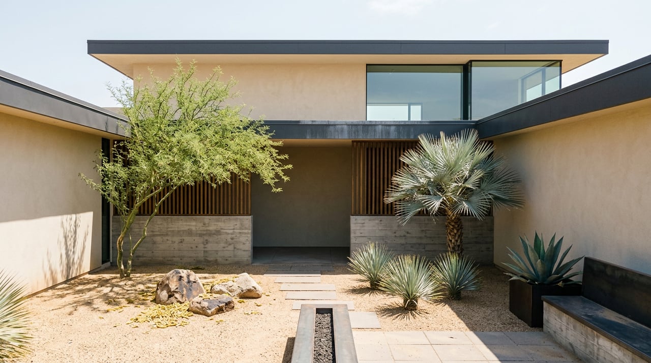 Desert-modern home courtyard with a shaded entry, blue fan palm, gravel path, and unlit steel fire trough.