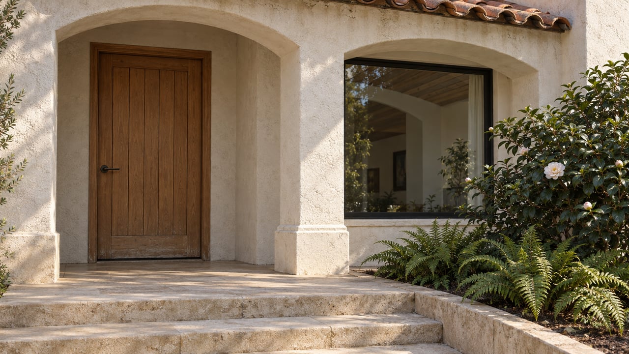 Arched stucco entry with a wooden door, stone steps, and flowering shrubs.