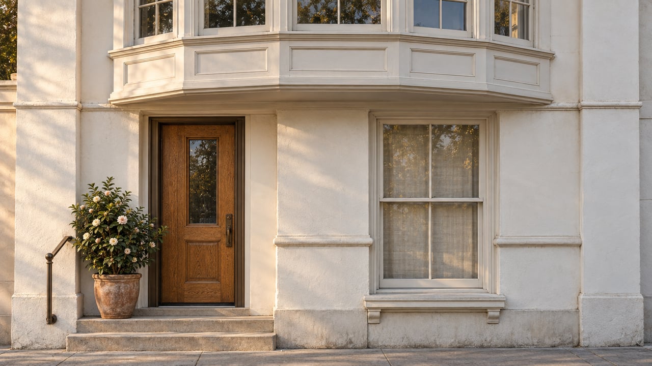 White stucco residential facade with a projecting bay window, recessed oak door, stone steps, and potted camellia.