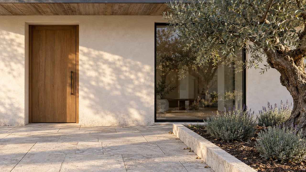 Warm-white plaster home with oak entry, broad reflective window, limestone path, and an olive tree in a raised bed.