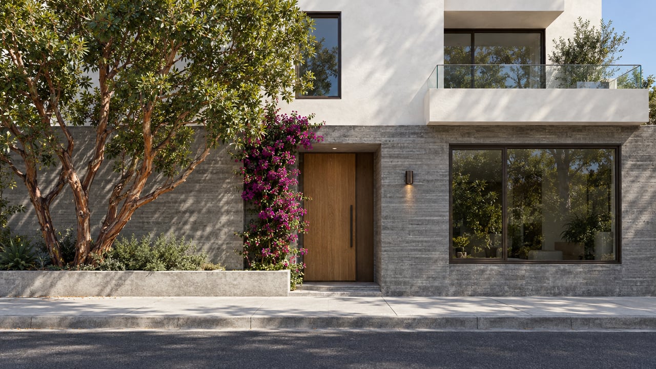 Three-story contemporary home with warm white stucco, charcoal concrete, a glass balcony, and a leafy tree in a planter.