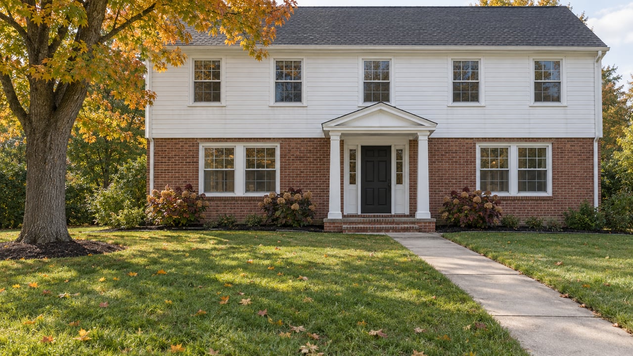 White-sided colonial with a brick lower facade, black front door, broad autumn lawn and an amber sugar maple.