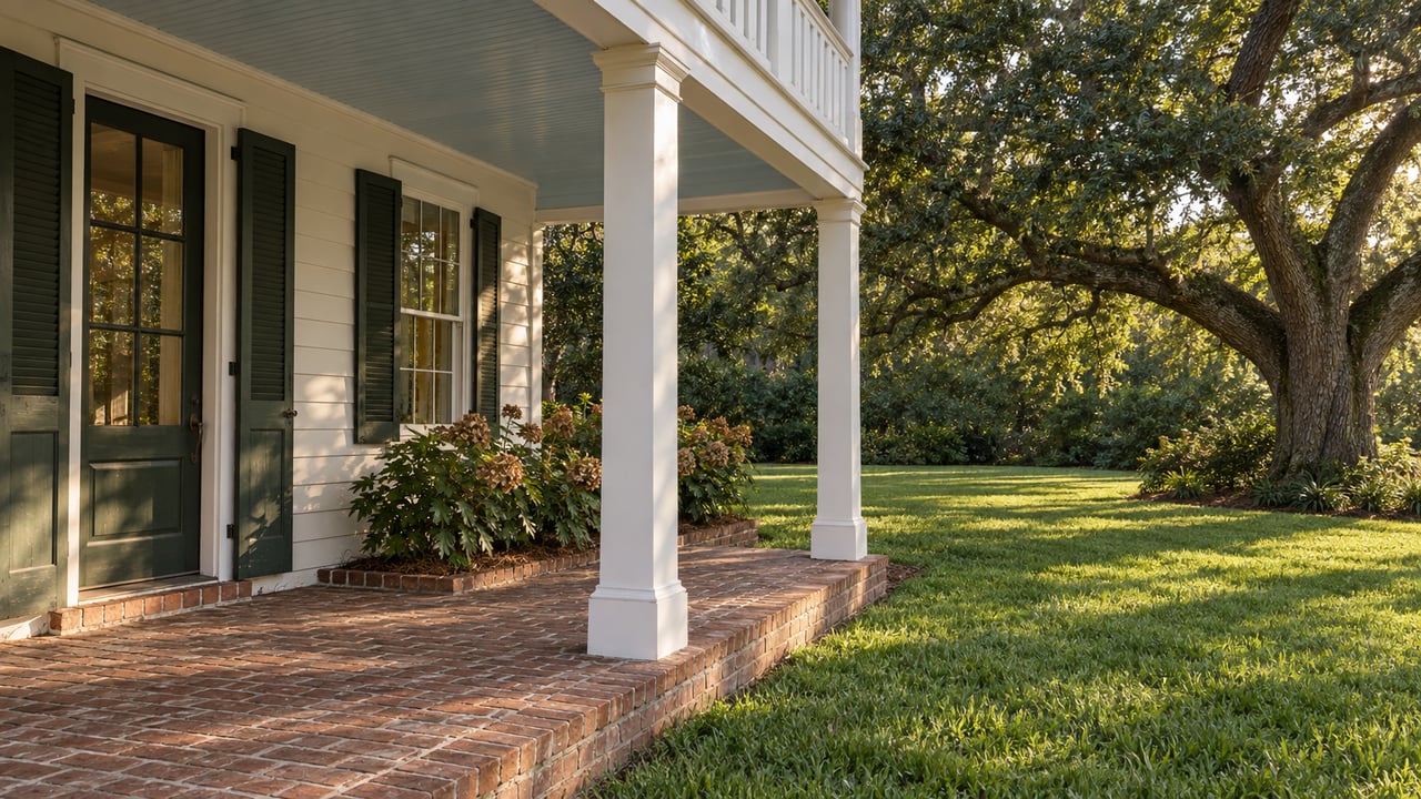 White timber gallery with green shutters, weathered brick flooring and a deep lawn beneath a mature spreading oak in evening light.