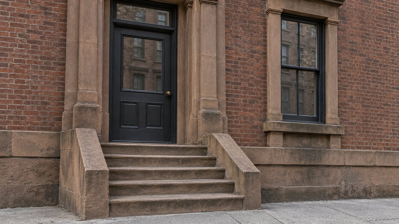 A dark paneled front door and black sash window set in weathered sandstone and red-brown brick above worn stone steps.