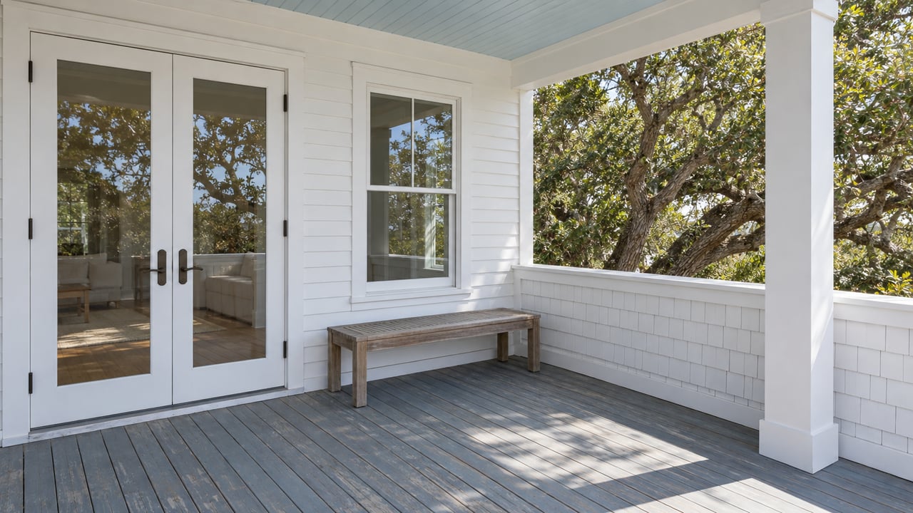 White-sided home with closed French doors opening onto a blue-gray covered veranda, a weathered teak bench and a live oak canopy beyond the parapet.