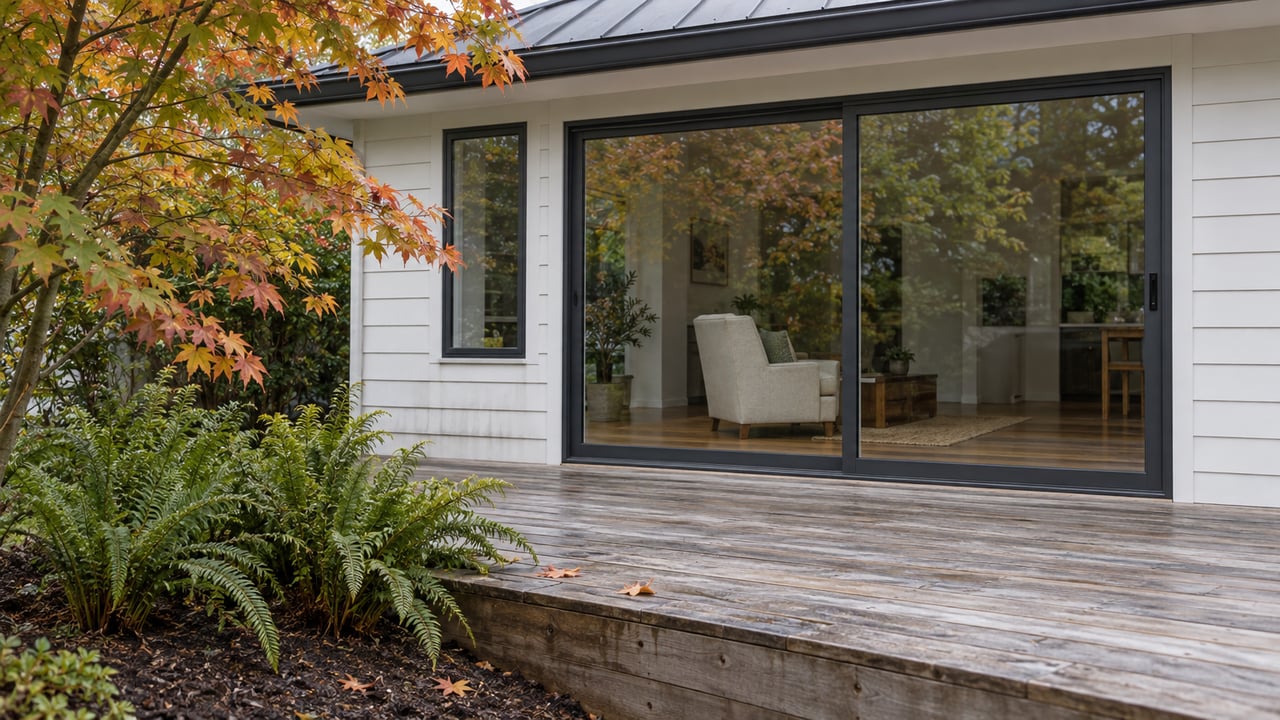 Garden-facing home with white timber siding, dark sliding glass doors and a weathered cedar deck beside a vine maple and sword ferns.