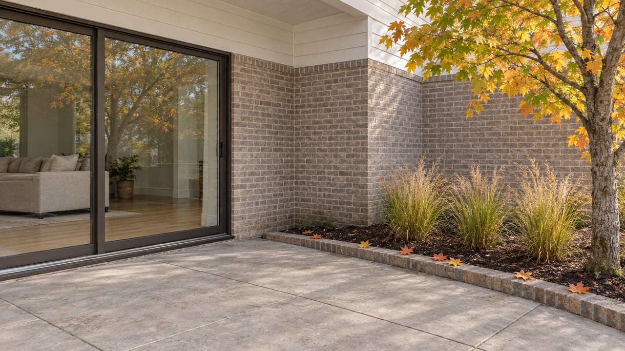 Covered patio beside a contemporary brick home, with closed glass doors, an autumn maple and tawny prairie dropseed planting.