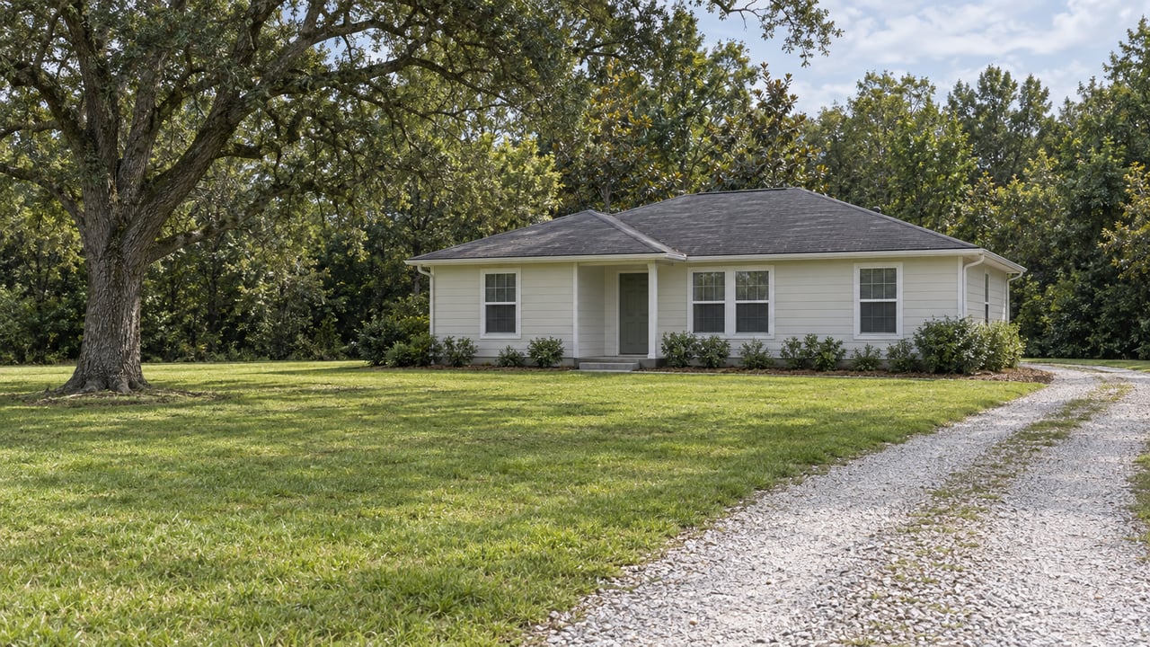 A modest cream-sided single-story home beyond a broad lawn and limestone driveway, beside a mature spreading oak.