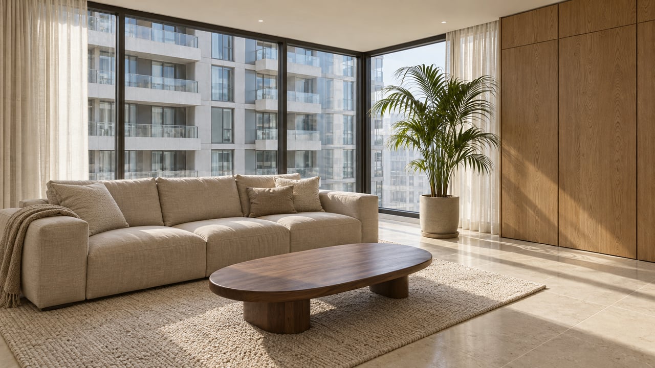 Sunlit condominium living room with limestone flooring, a linen sofa, oak cabinetry and full-height windows facing a nearby tower.