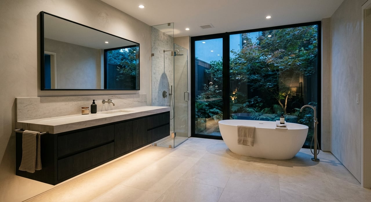 Modern bathroom with charcoal floating vanity, pale stone countertop, freestanding white tub, and frameless glass shower.