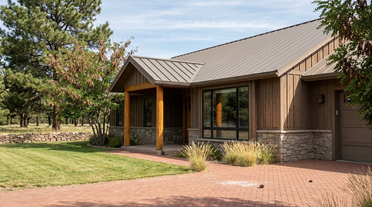 Stone-and-timber home with a herringbone paver court, peeled-log entry posts, and a pine tree.