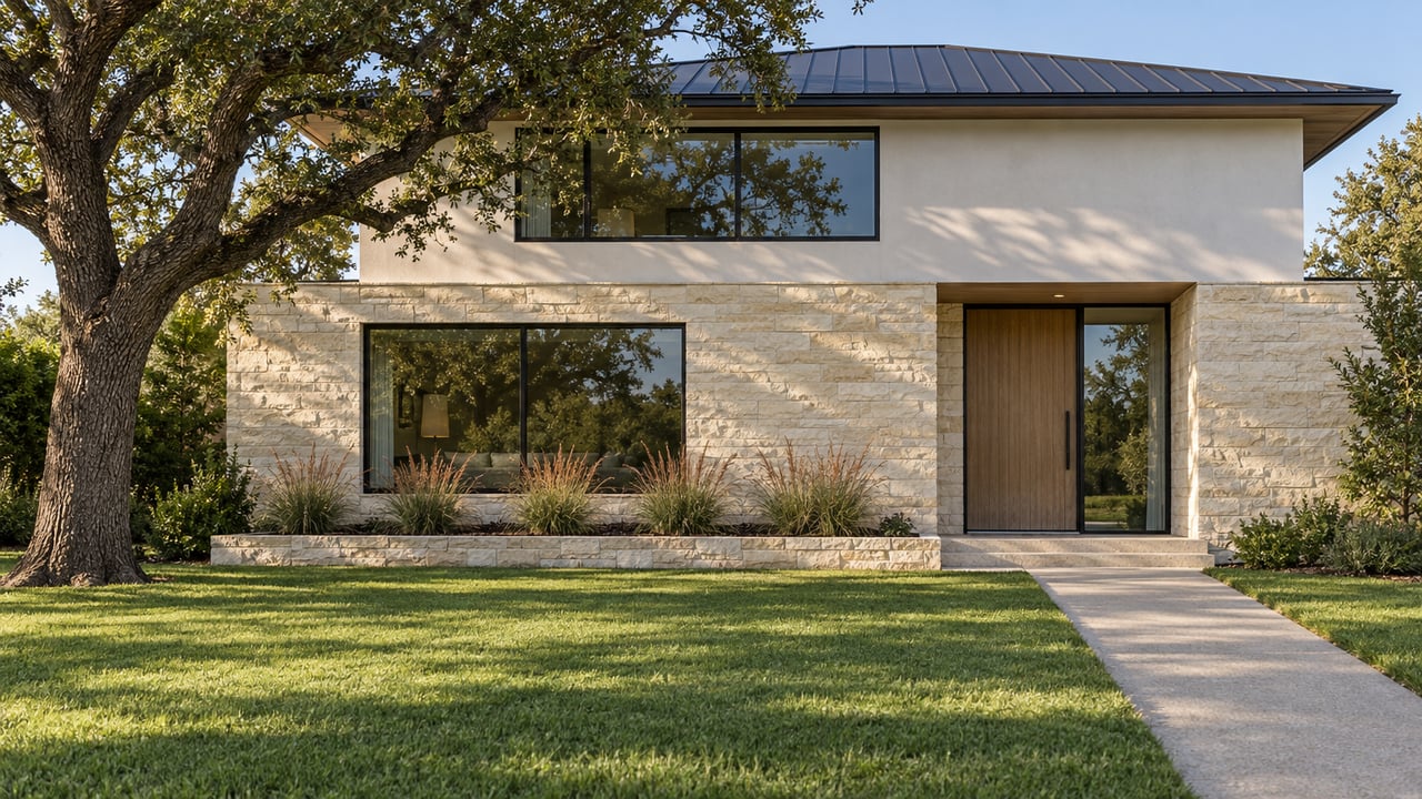 Modern stone-and-stucco home with dark-framed windows, a wood front door, and a tree-shaded lawn.