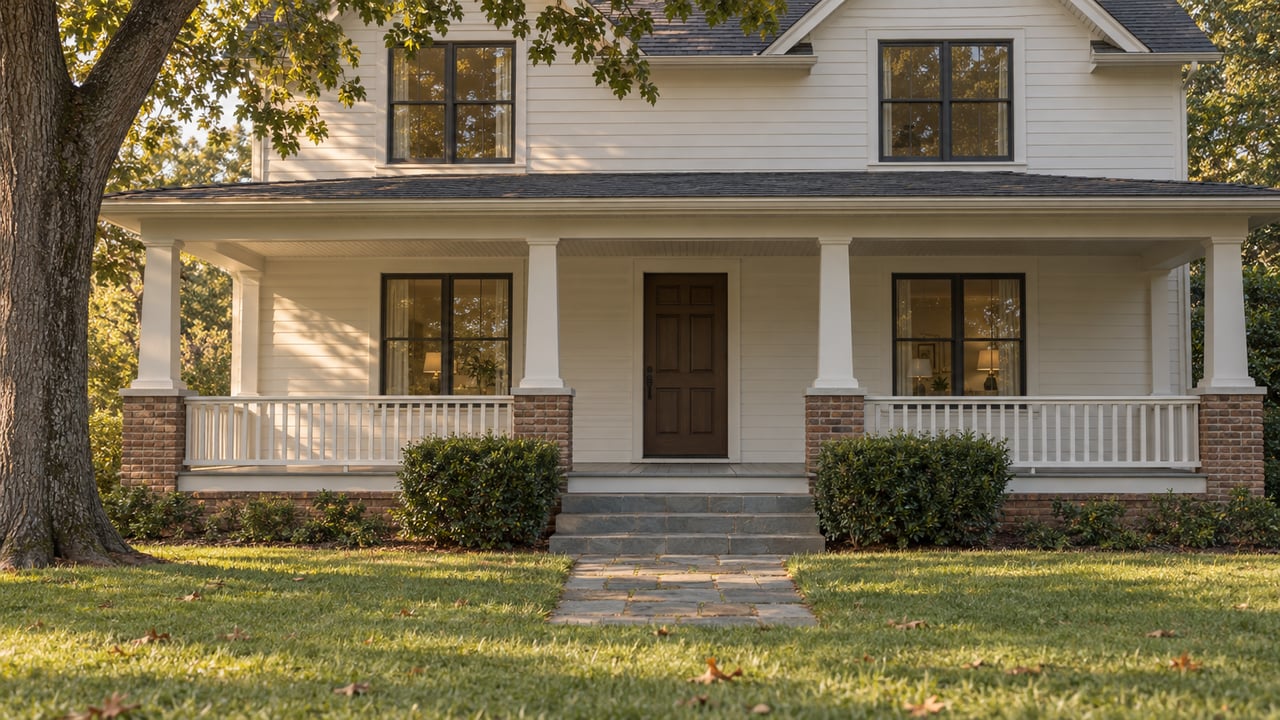 Two-story off-white house with a deep porch, bluestone steps, and a mature oak beside the lawn.